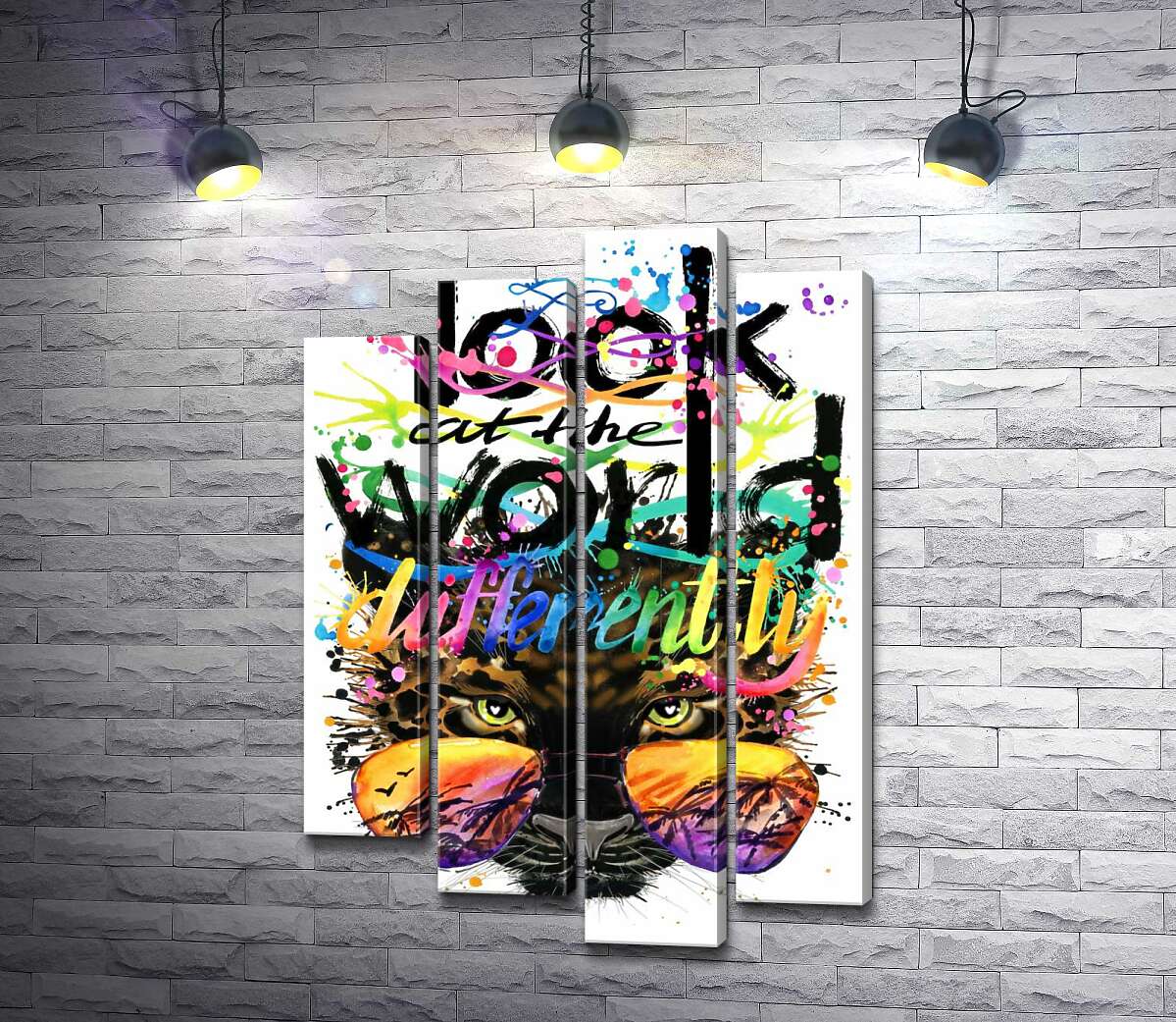 модульна картина Напис "look at the world differently" на фоні леопарда в окулярах (Модуль №3)