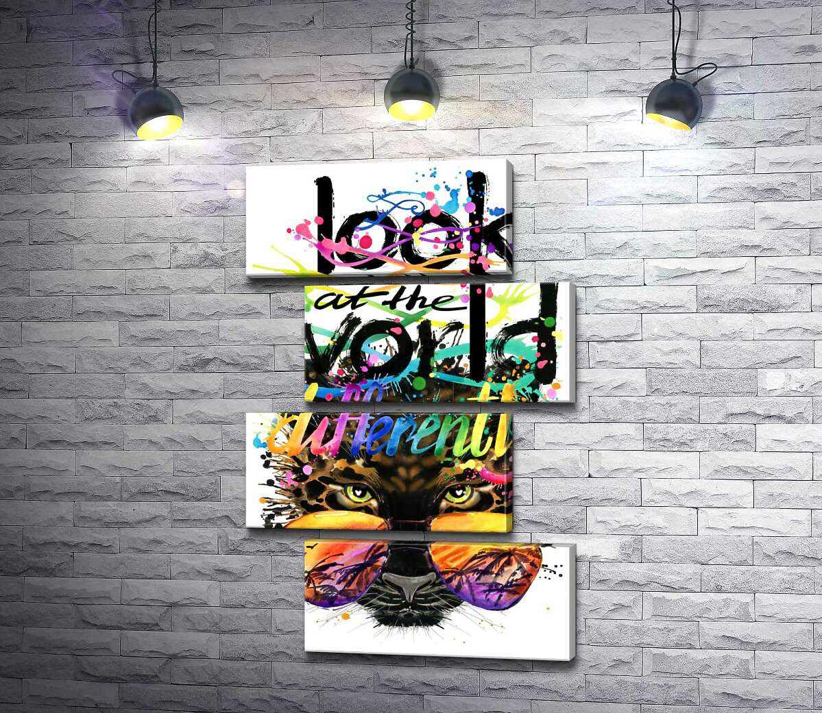 модульная картина Надпись "look at the world differently" на фоне леопарда в очках (Модуль №23)