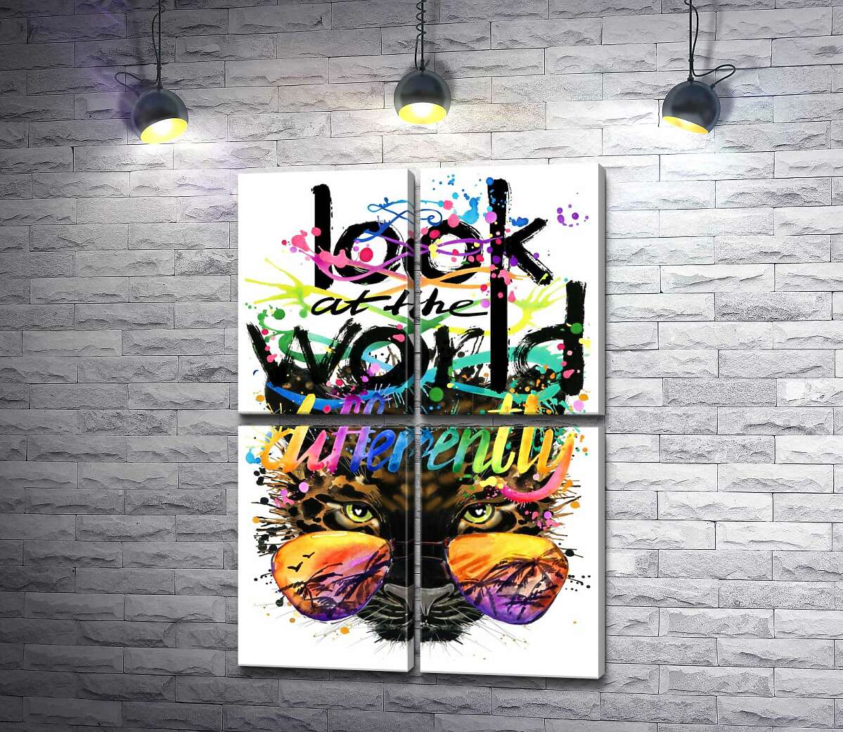 модульна картина Напис "look at the world differently" на фоні леопарда в окулярах (Модуль №25)