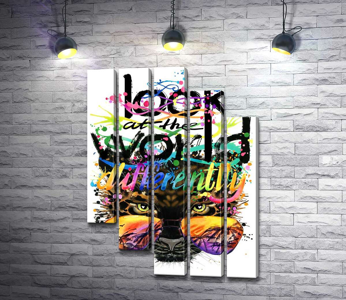 модульная картина Надпись "look at the world differently" на фоне леопарда в очках (Модуль №28)