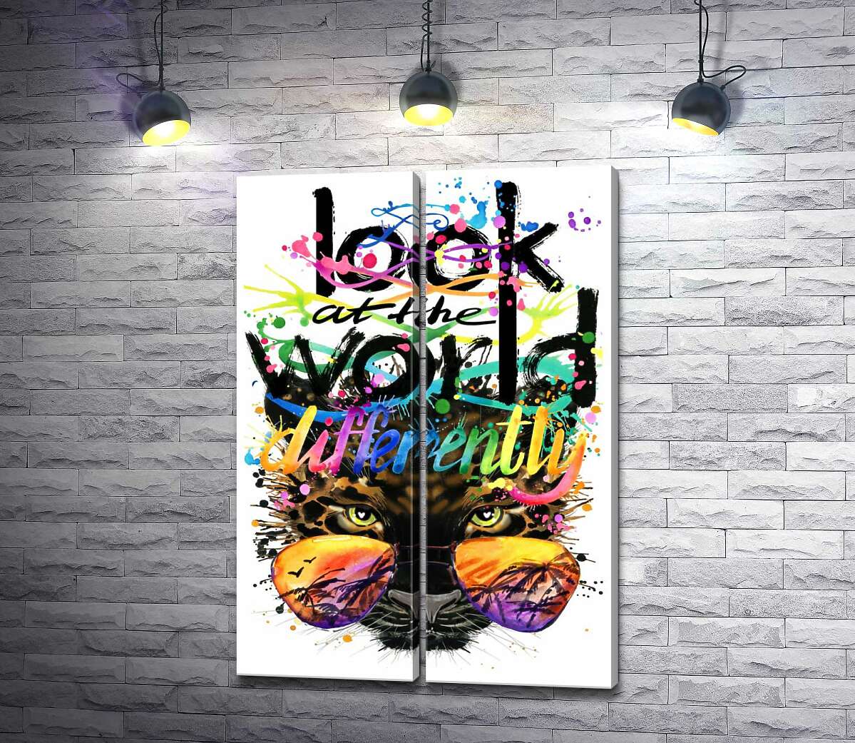 модульная картина Надпись "look at the world differently" на фоне леопарда в очках