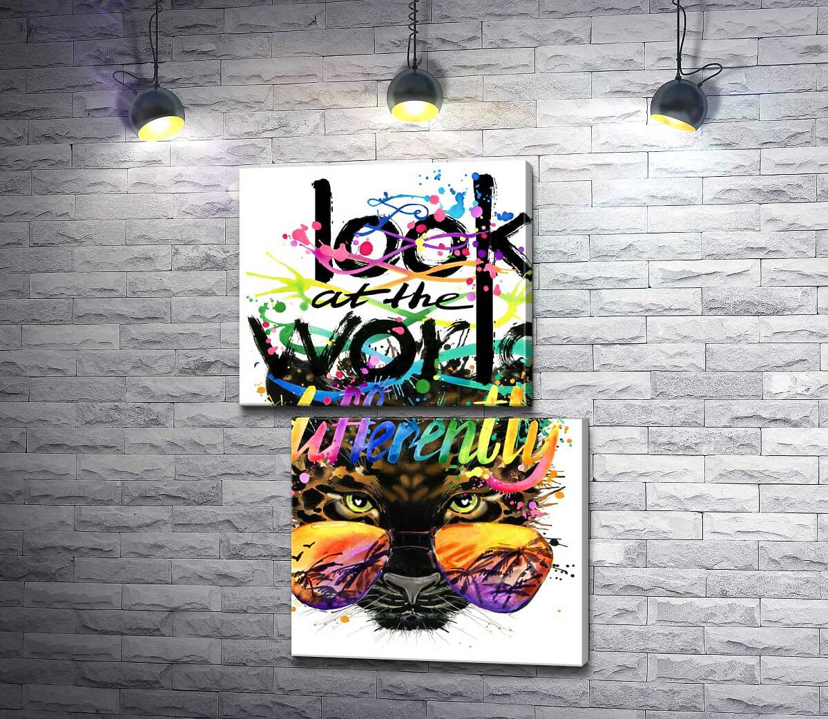 модульна картина Напис "look at the world differently" на фоні леопарда в окулярах (Модуль №8)