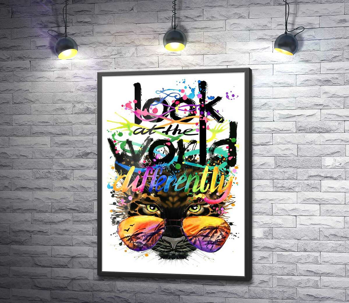 постер Напис "look at the world differently" на фоні леопарда в окулярах