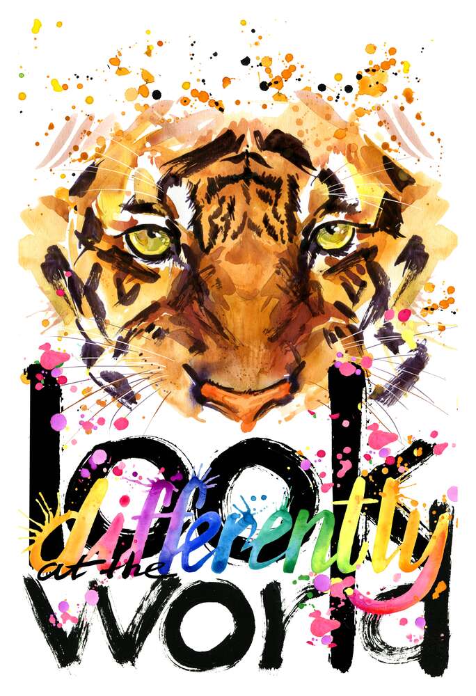 картина-постер Силуэт тигра и надпись "look at the world differently"