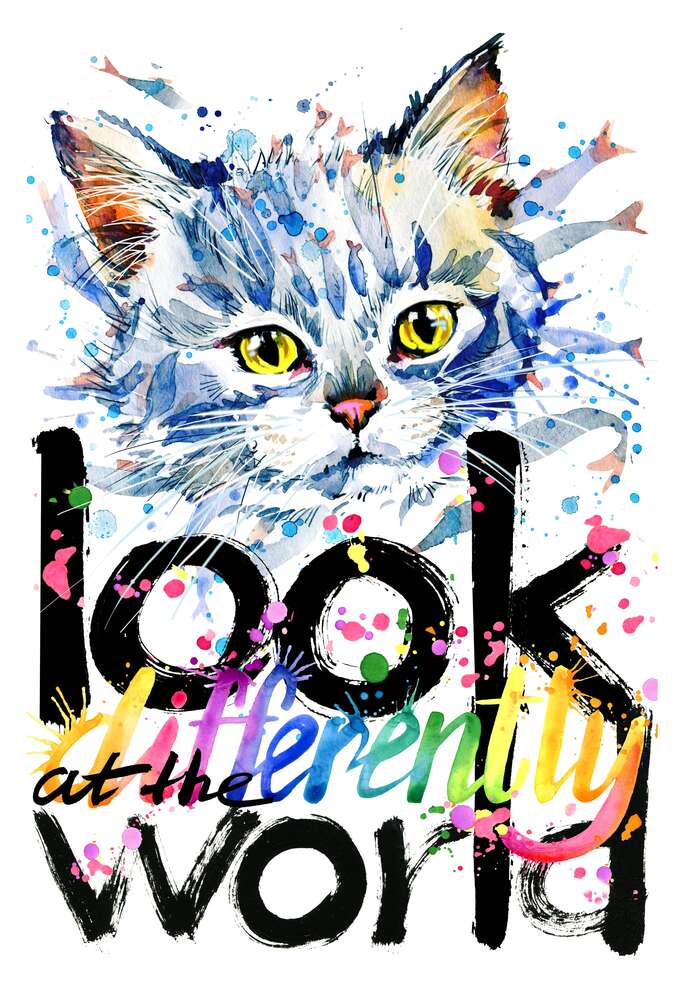 картина-постер Серый котенок и надпись "look at the world differently"