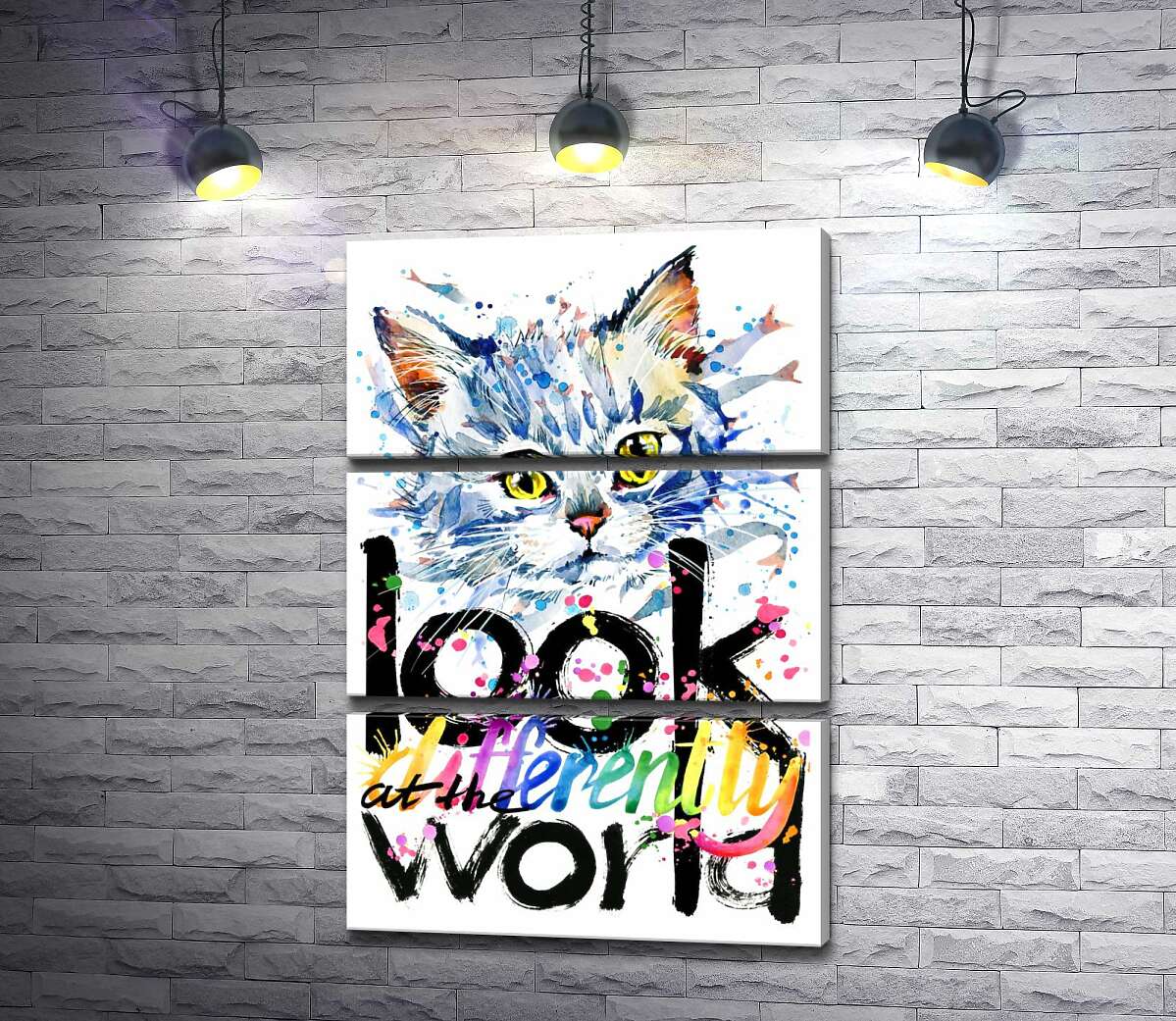 модульная картина Серый котенок и надпись "look at the world differently" (Модуль №15)