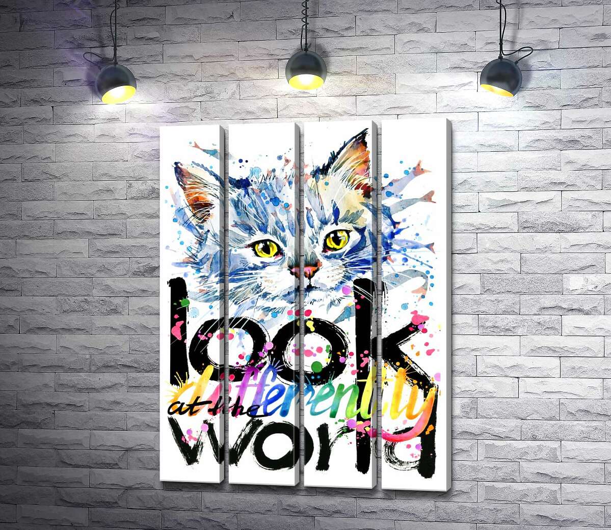 модульна картина Сіре кошеня та напис "look at the world differently" (Модуль №24)