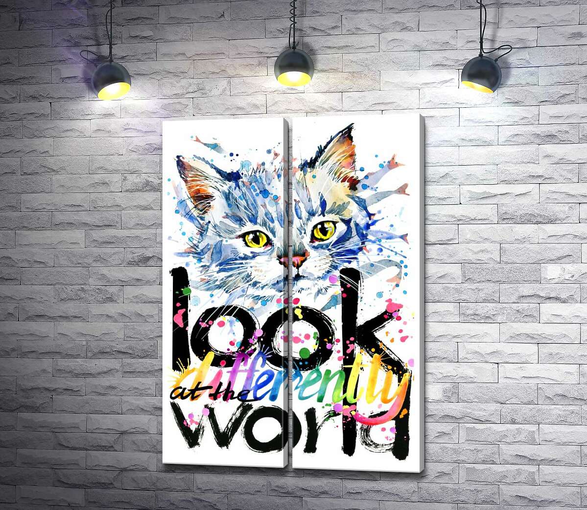 модульная картина Серый котенок и надпись "look at the world differently"