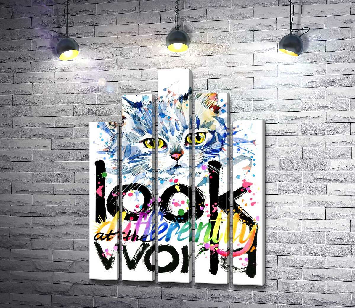 модульная картина Серый котенок и надпись "look at the world differently" (Модуль №29)