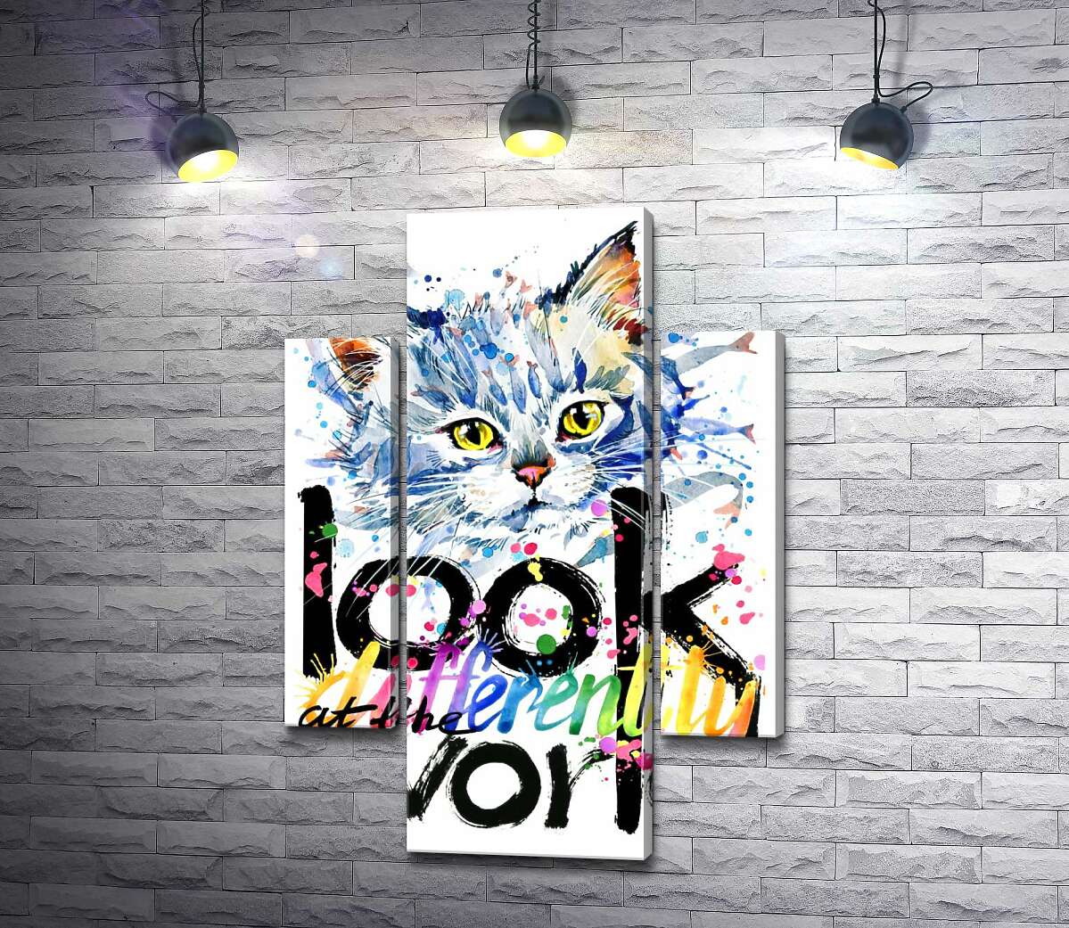 модульна картина Сіре кошеня та напис "look at the world differently" (Модуль №5)