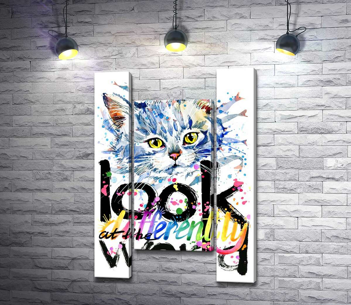 модульная картина Серый котенок и надпись "look at the world differently" (Модуль №11)