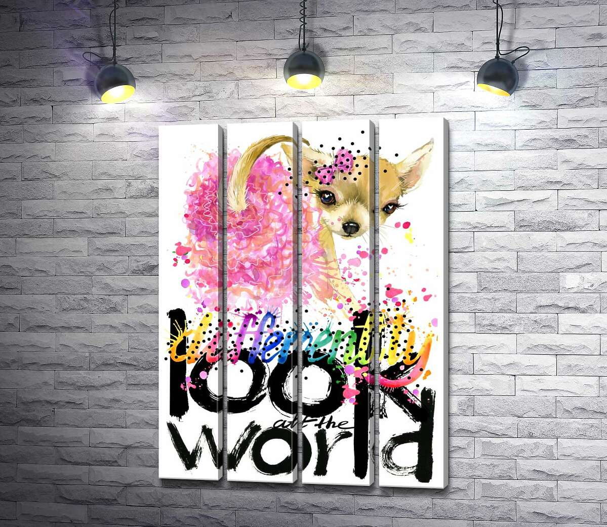 модульная картина Чихуахуа в розовой юбке над надписью "look at the world differently" (Модуль №24)