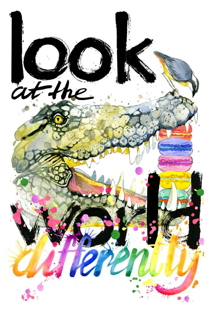 картина-постер Крокодил поглощает макароны за надписью "look at the world differently"