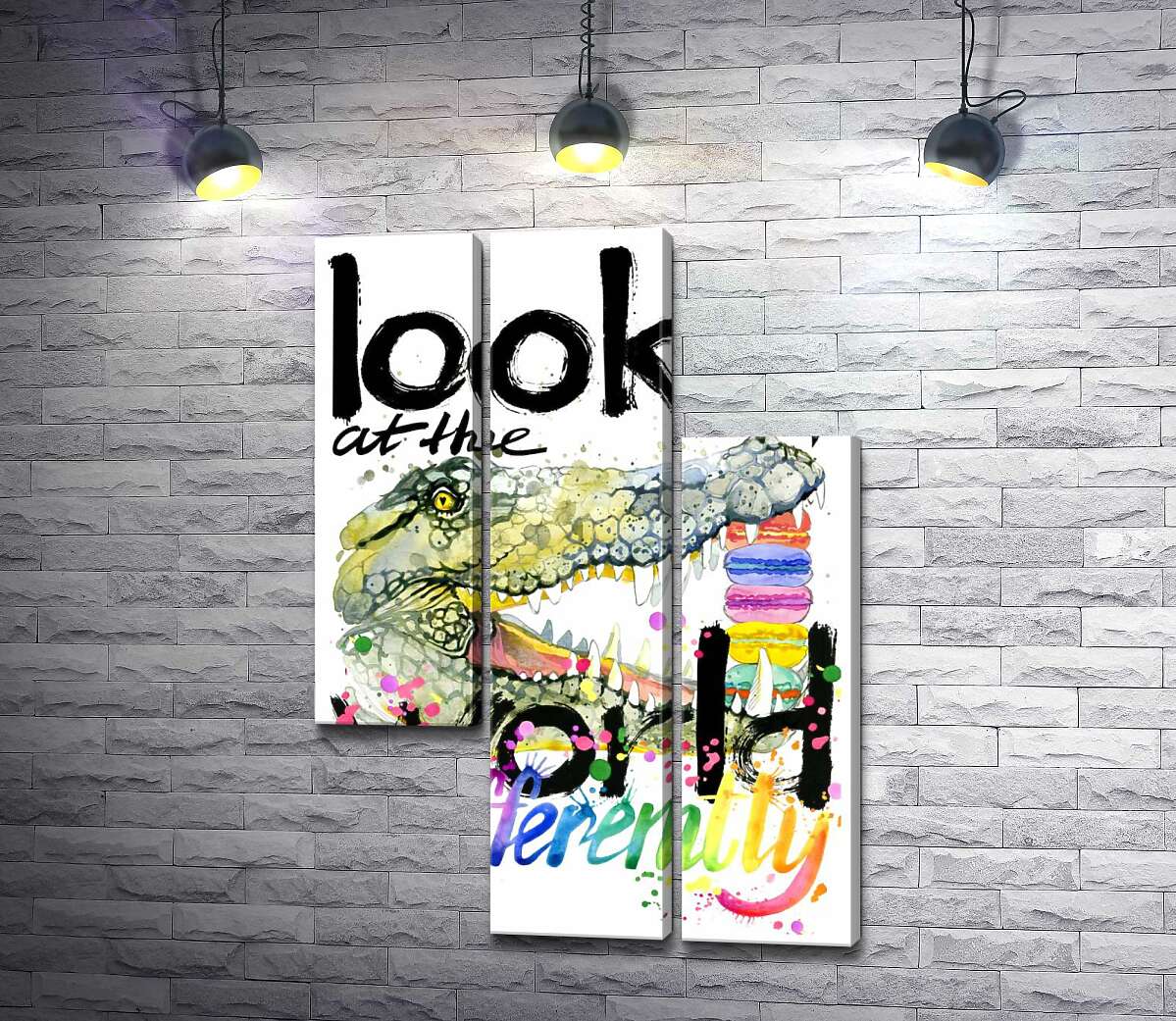 модульна картина Крокодил поглинає макарони за написом "look at the world differently" (Модуль №13)