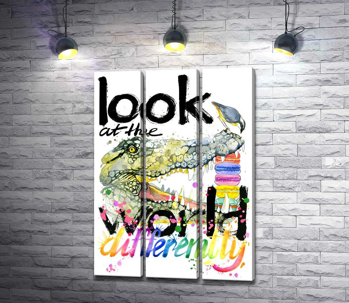 модульна картина Крокодил поглинає макарони за написом "look at the world differently"