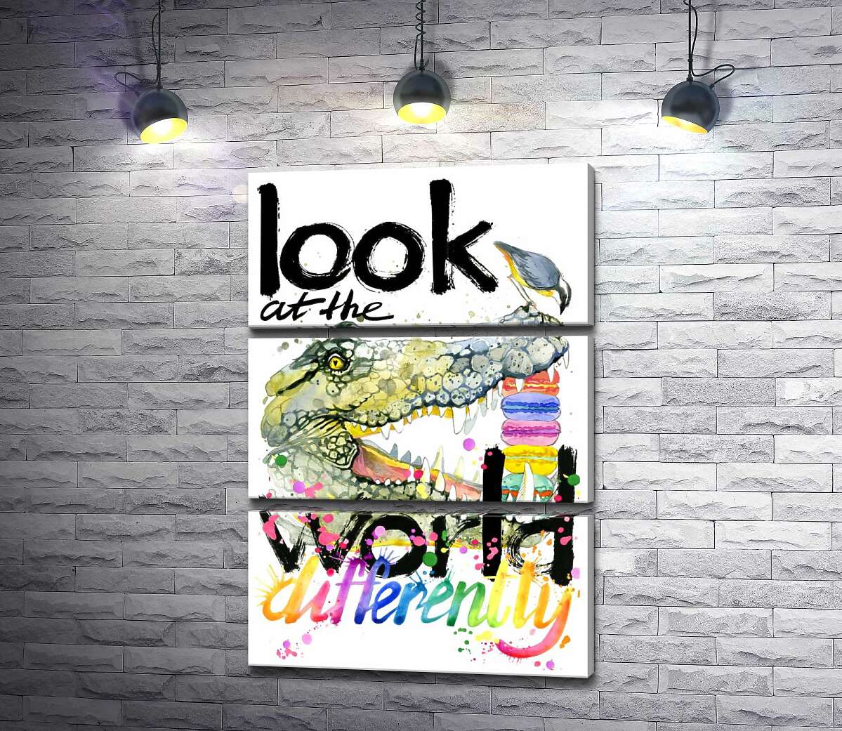 модульна картина Крокодил поглинає макарони за написом "look at the world differently" (Модуль №15)