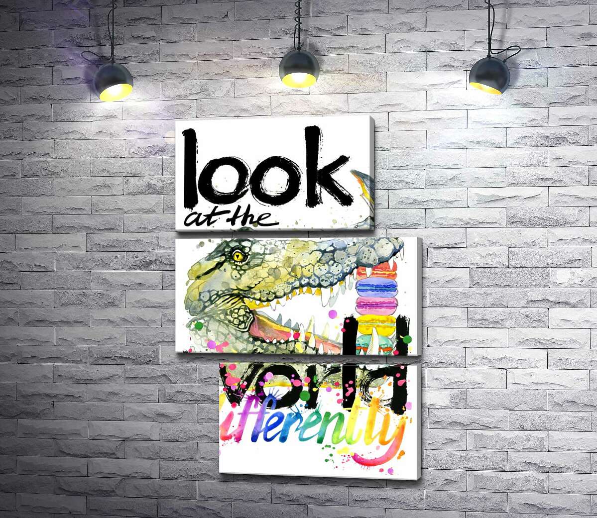 модульная картина Крокодил поглощает макароны за надписью "look at the world differently" (Модуль №16)