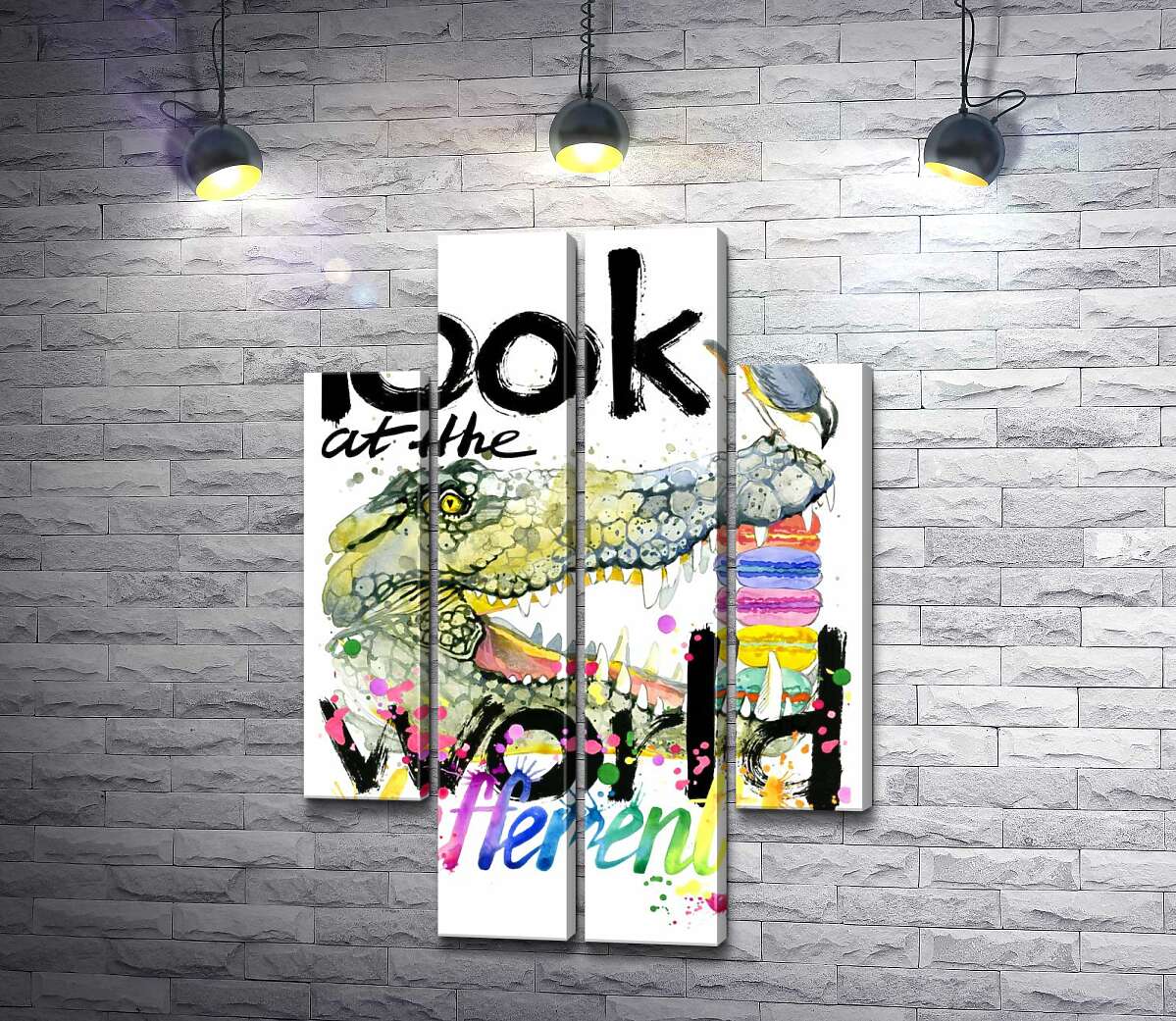 модульна картина Крокодил поглинає макарони за написом "look at the world differently" (Модуль №20)