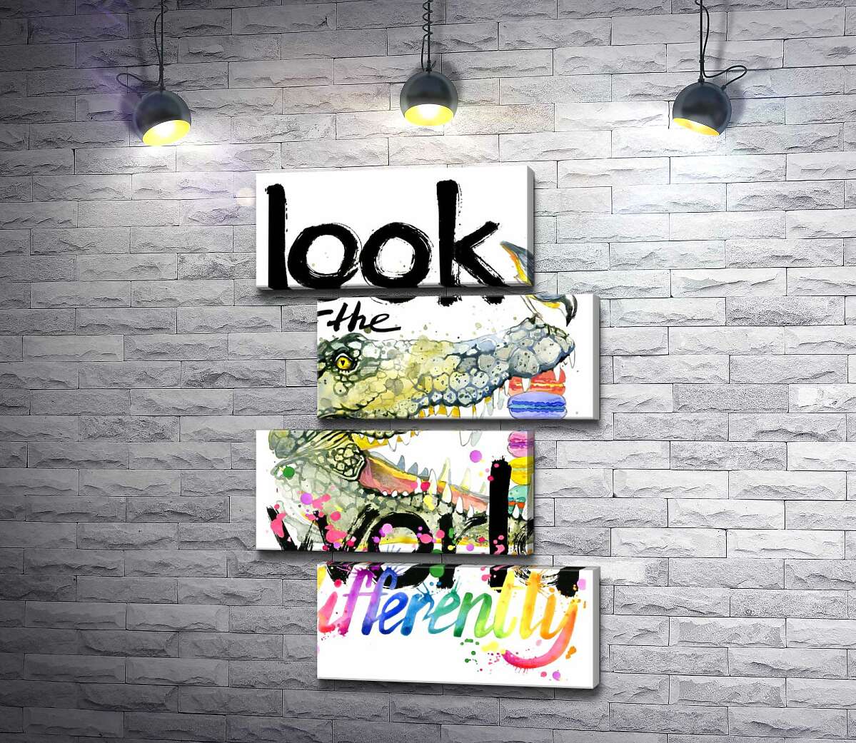 модульна картина Крокодил поглинає макарони за написом "look at the world differently" (Модуль №23)