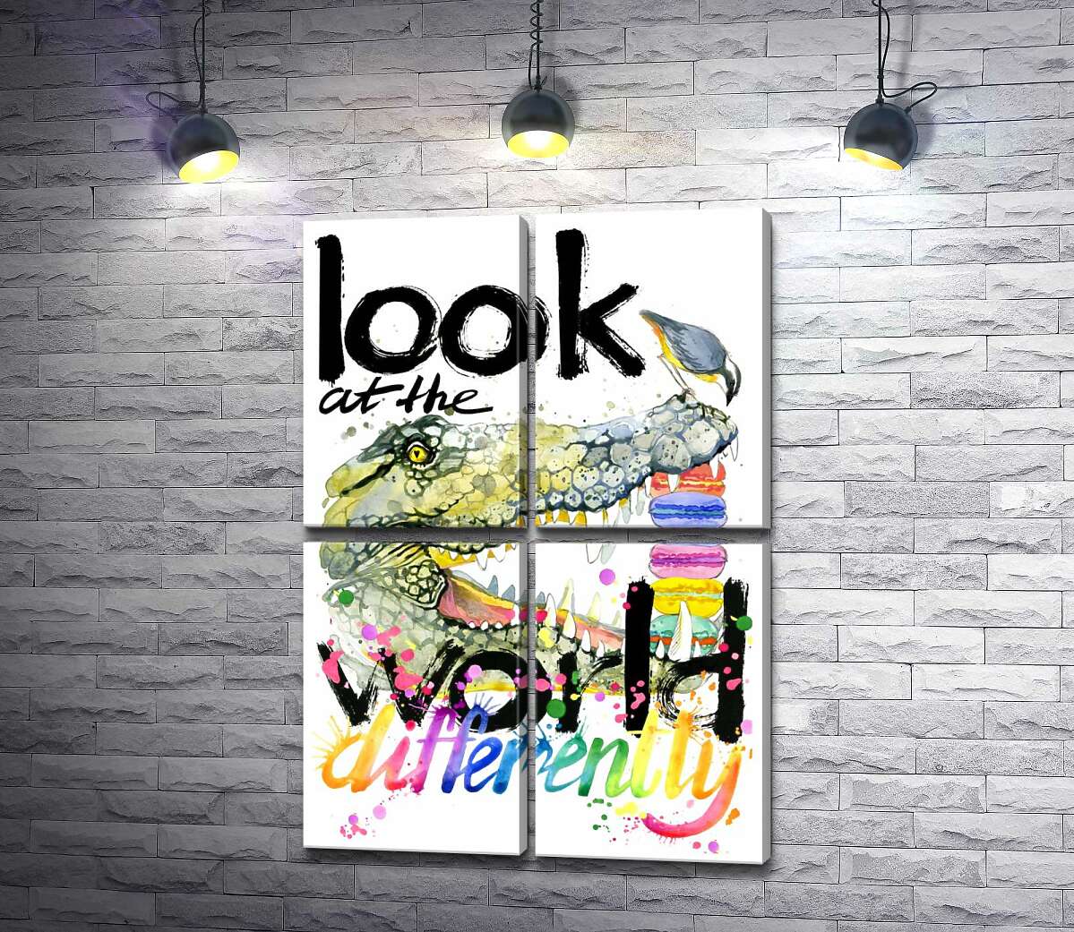 модульна картина Крокодил поглинає макарони за написом "look at the world differently" (Модуль №25)