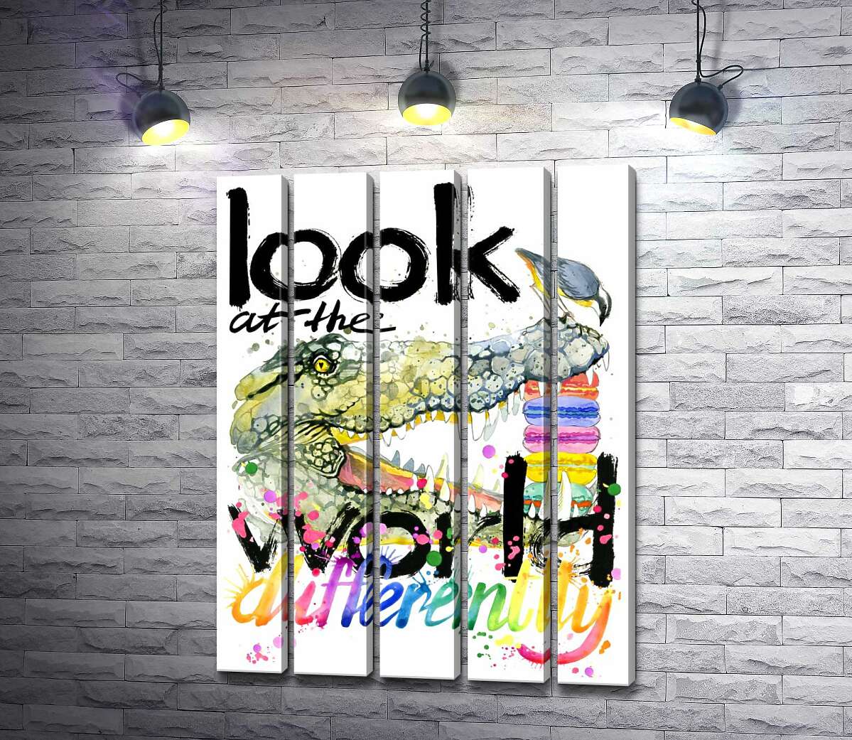 модульная картина Крокодил поглощает макароны за надписью "look at the world differently" (Модуль №26)