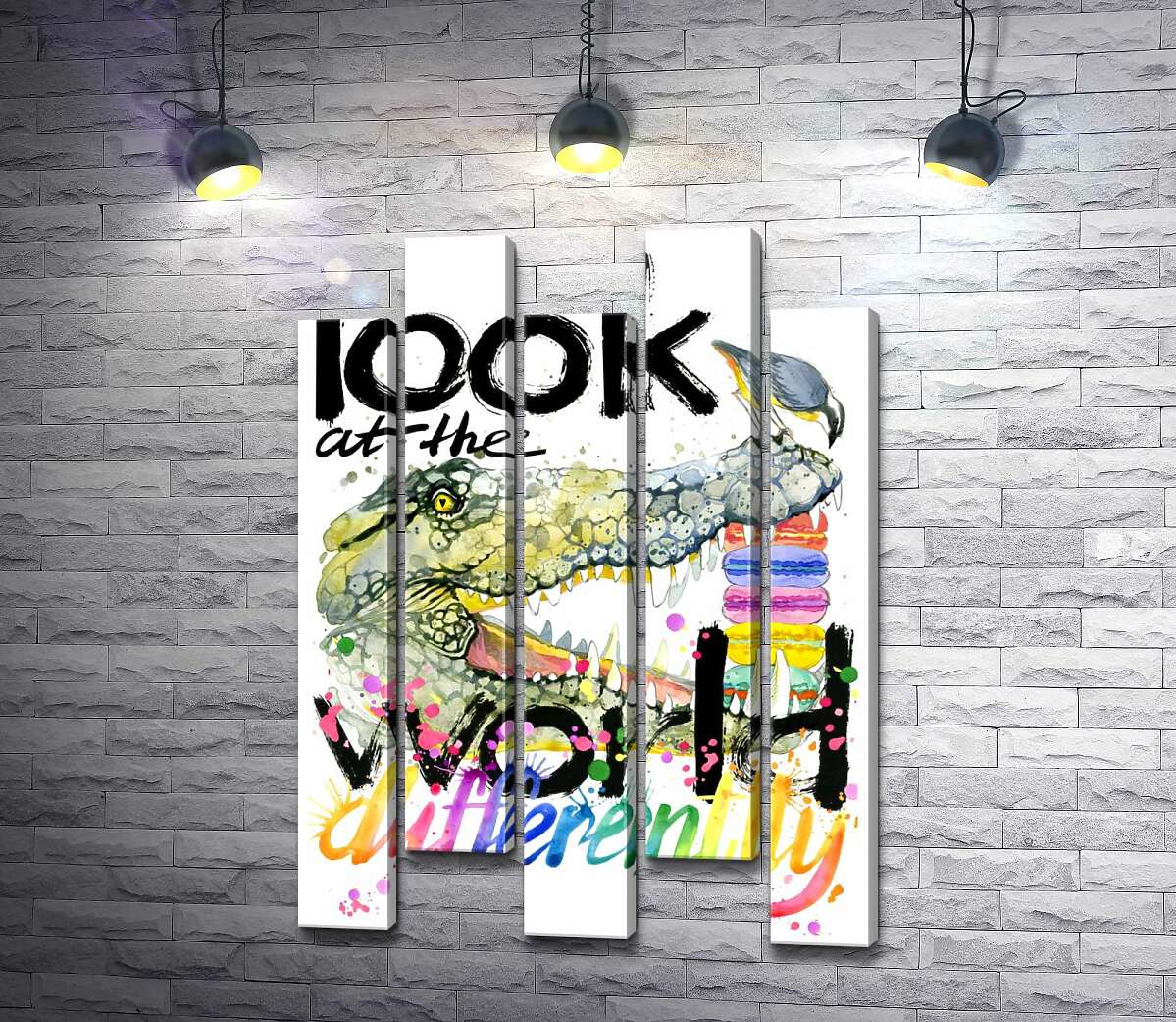 модульная картина Крокодил поглощает макароны за надписью "look at the world differently" (Модуль №30)
