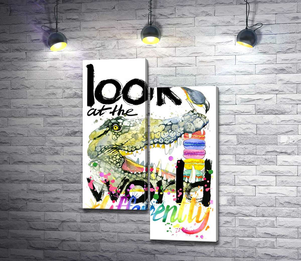 модульна картина Крокодил поглинає макарони за написом "look at the world differently" (Модуль №9)