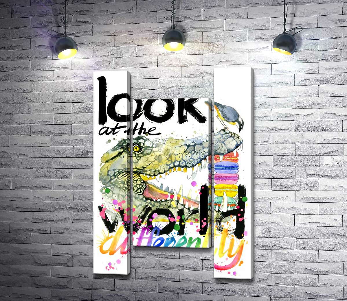 модульна картина Крокодил поглинає макарони за написом "look at the world differently" (Модуль №11)