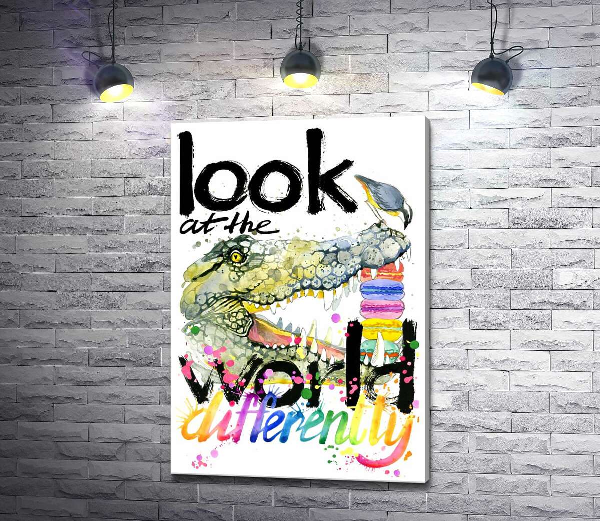 картина Крокодил поглинає макарони за написом "look at the world differently"