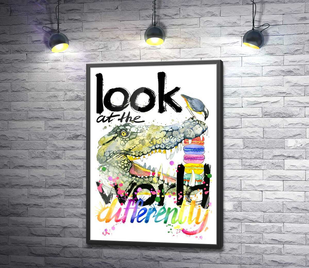 постер Крокодил поглинає макарони за написом "look at the world differently"