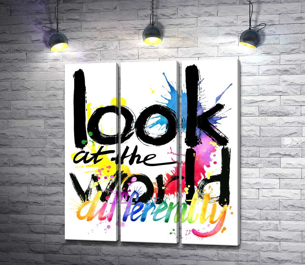 модульна картина Напис "look at the world differently" на фоні кольорових плям фарби