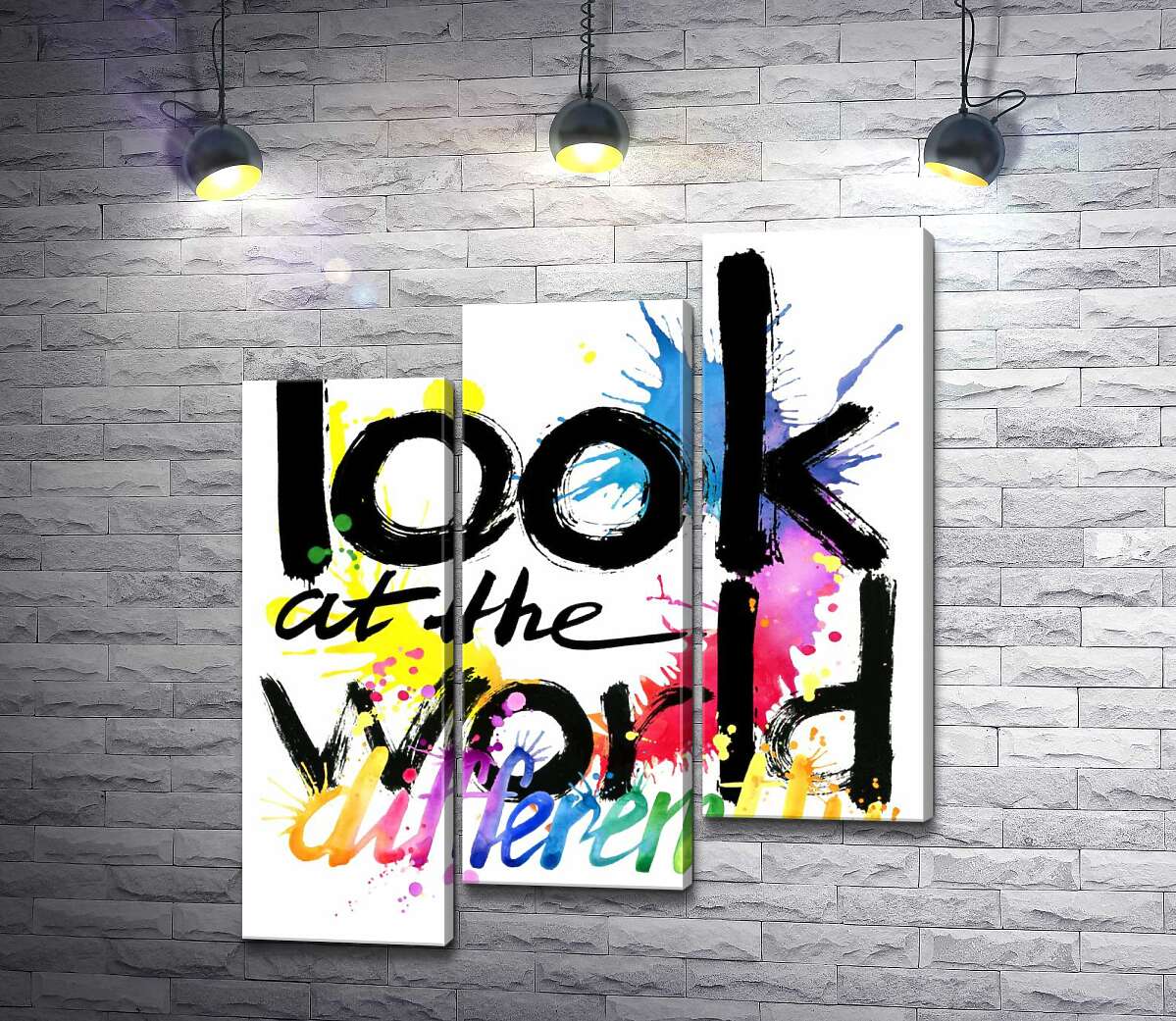 модульна картина Напис "look at the world differently" на фоні кольорових плям фарби (Модуль №14)