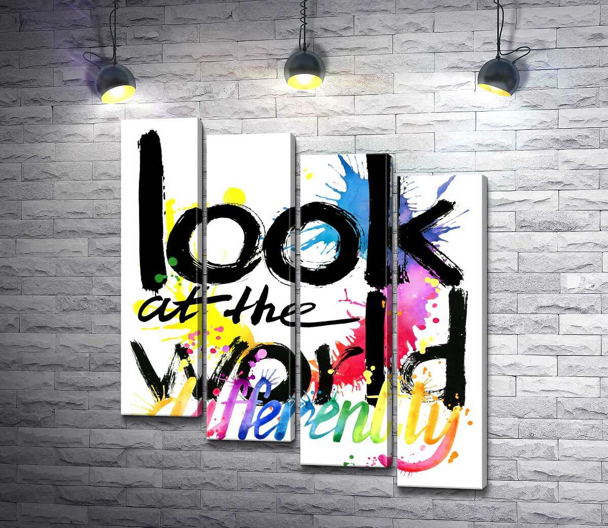 модульна картина Напис "look at the world differently" на фоні кольорових плям фарби (Модуль №19)