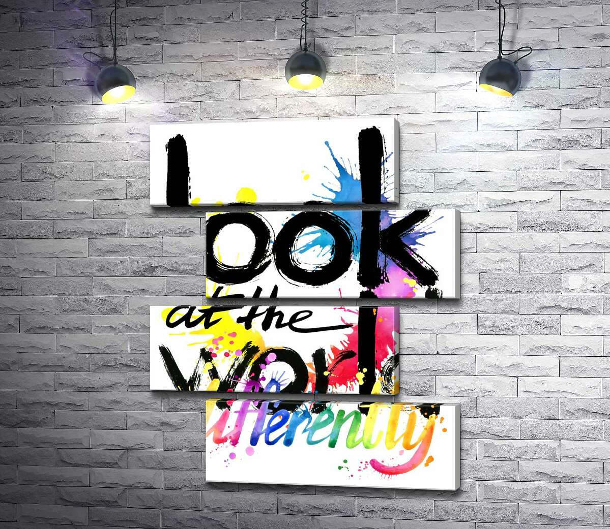 модульна картина Напис "look at the world differently" на фоні кольорових плям фарби (Модуль №23)