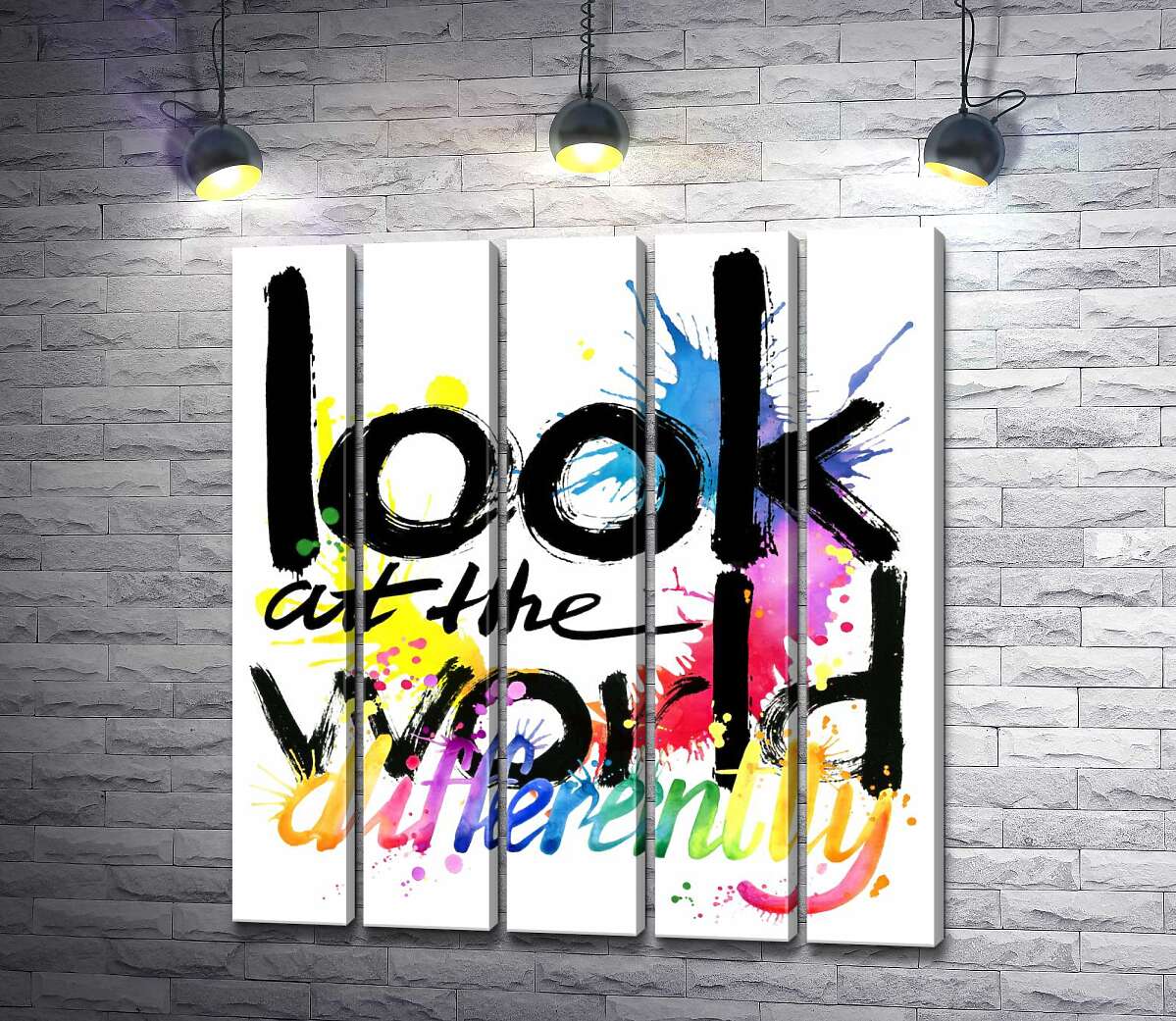 модульная картина Надпись "look at the world differently" на фоне цветных пятен краски (Модуль №26)