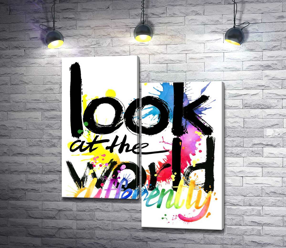 модульная картина Надпись "look at the world differently" на фоне цветных пятен краски (Модуль №9)