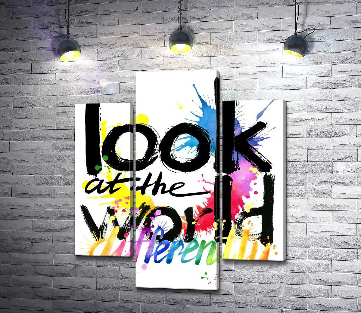 модульна картина Напис "look at the world differently" на фоні кольорових плям фарби (Модуль №10)