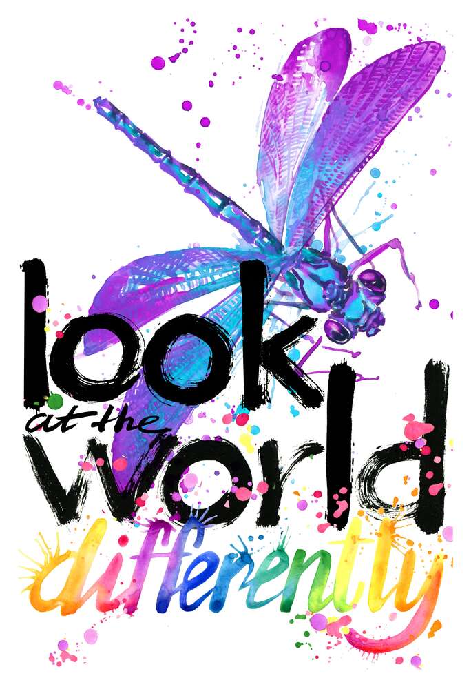 картина-постер Фиолетовое насекомое стрекоза над надписью "look at the world differently"