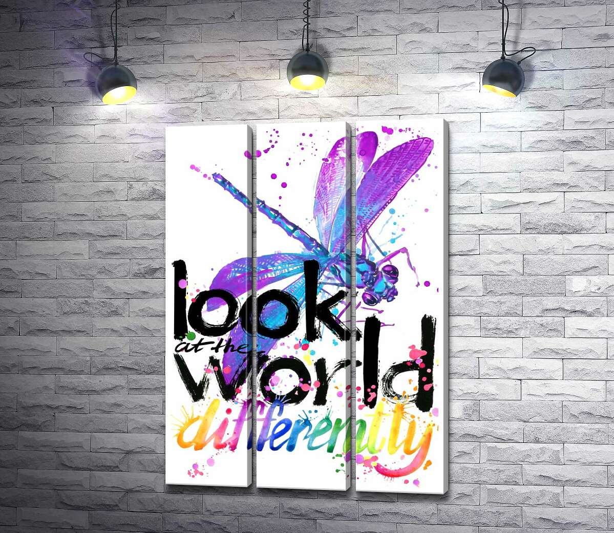 модульна картина Фіолетова комаха бабка над написом "look at the world differently"