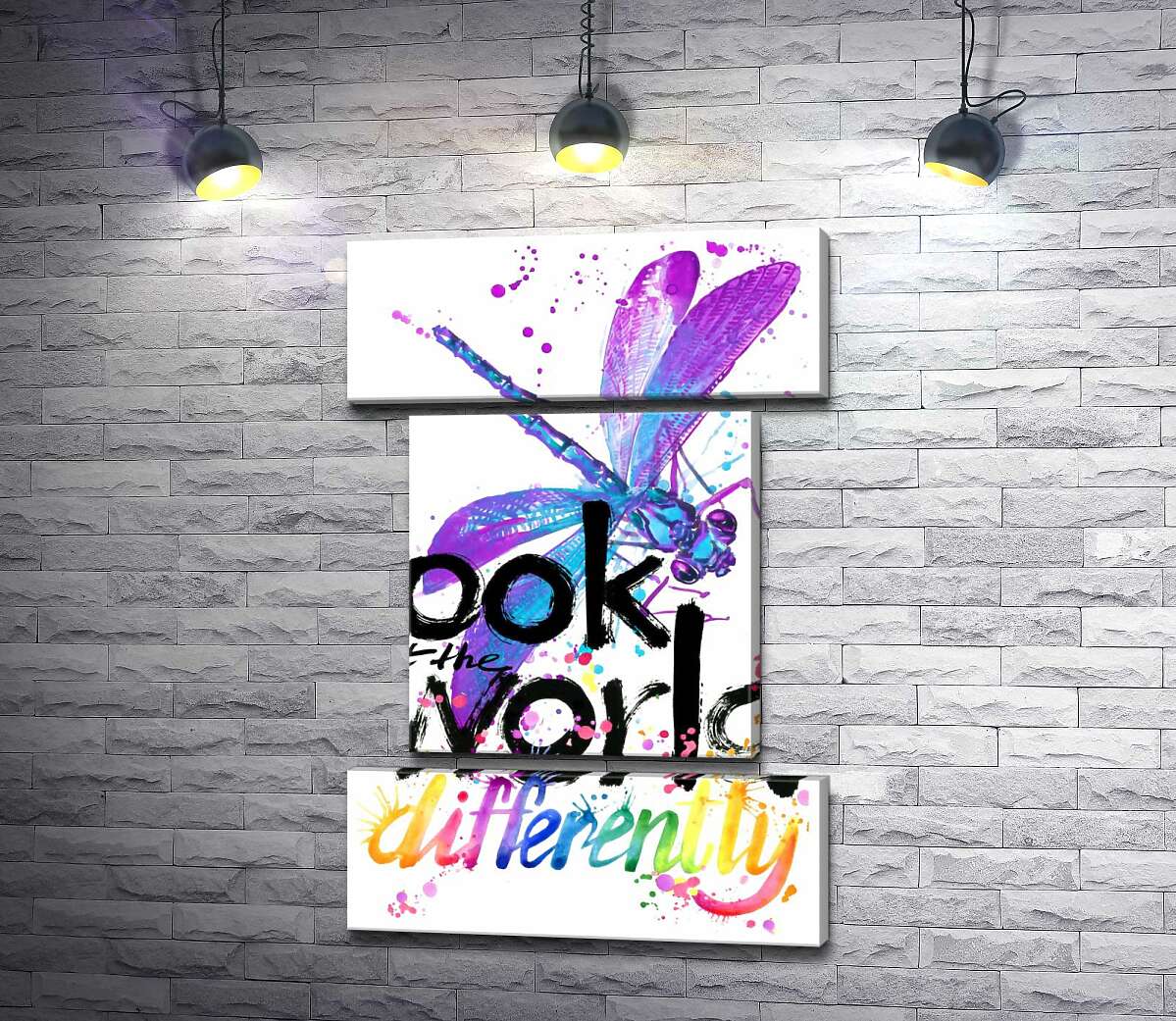 модульна картина Фіолетова комаха бабка над написом "look at the world differently" (Модуль №18)