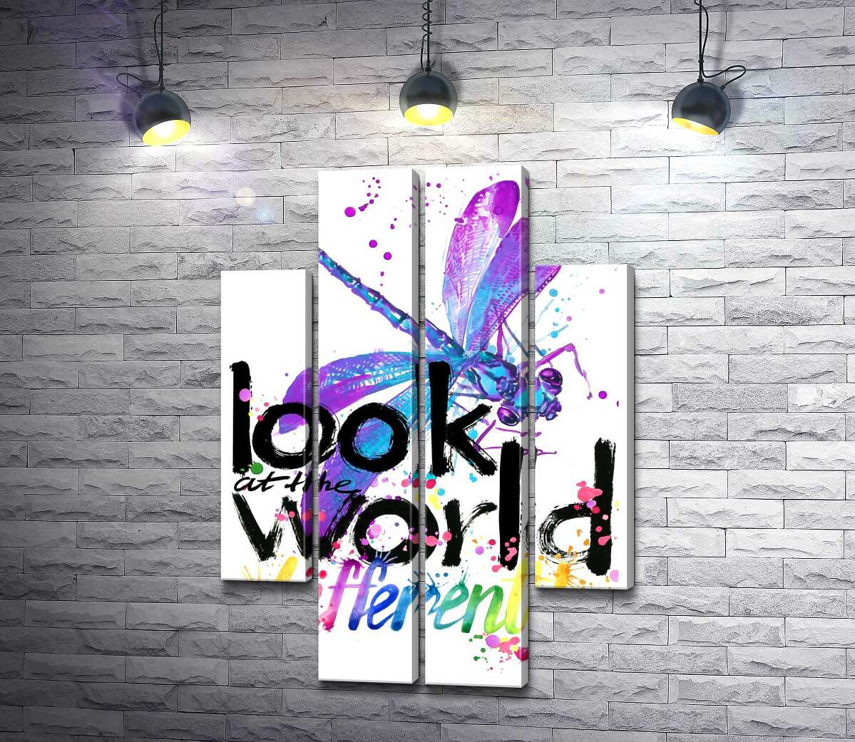 модульна картина Фіолетова комаха бабка над написом "look at the world differently" (Модуль №20)