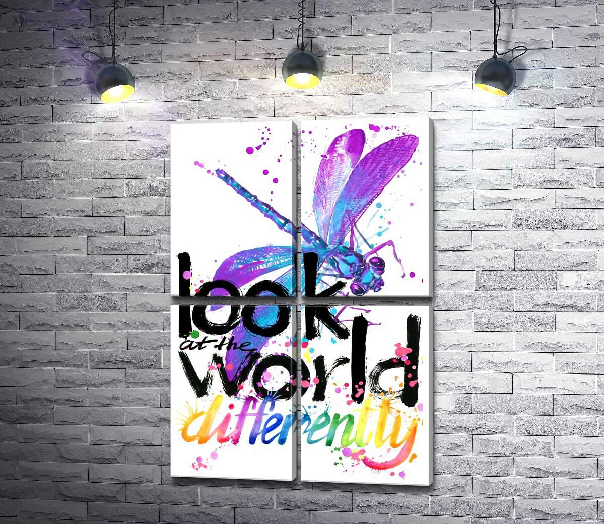 модульна картина Фіолетова комаха бабка над написом "look at the world differently" (Модуль №25)