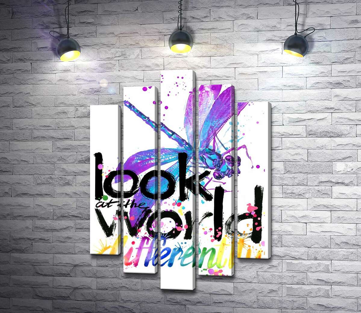 модульна картина Фіолетова комаха бабка над написом "look at the world differently" (Модуль №4)