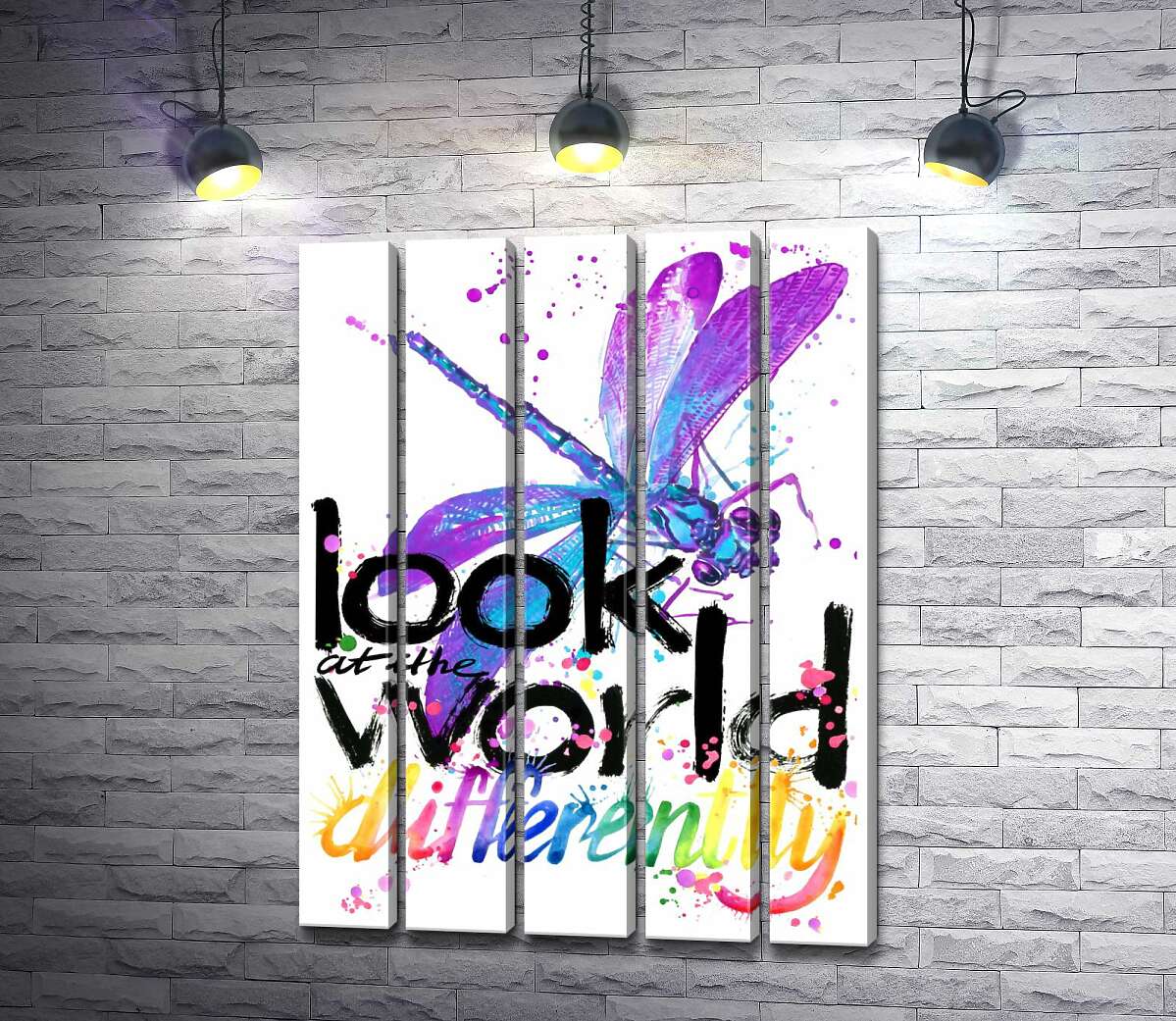модульная картина Фиолетовое насекомое стрекоза над надписью "look at the world differently" (Модуль №26)