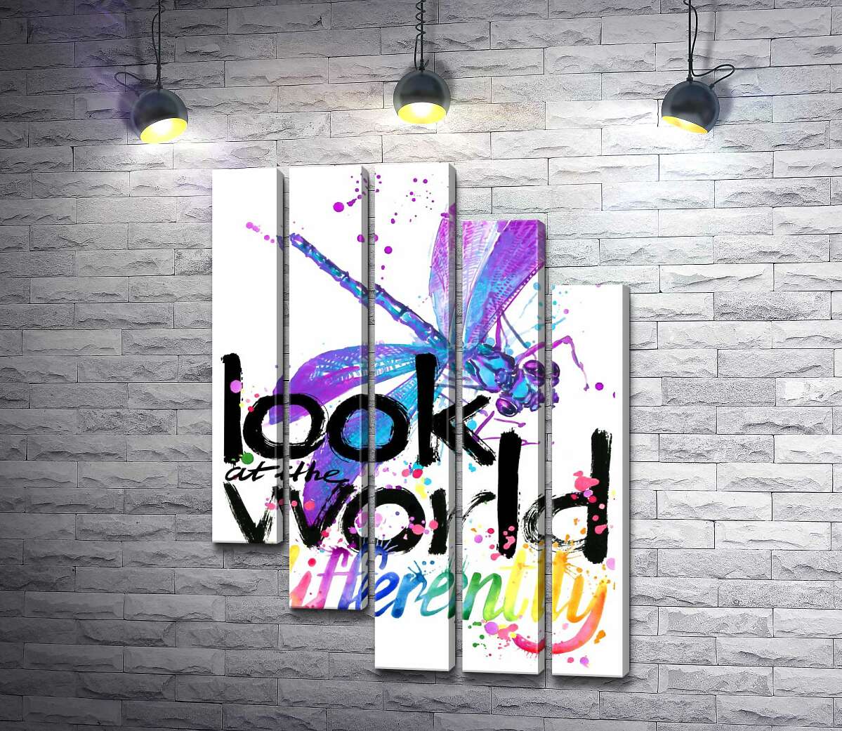 модульна картина Фіолетова комаха бабка над написом "look at the world differently" (Модуль №28)