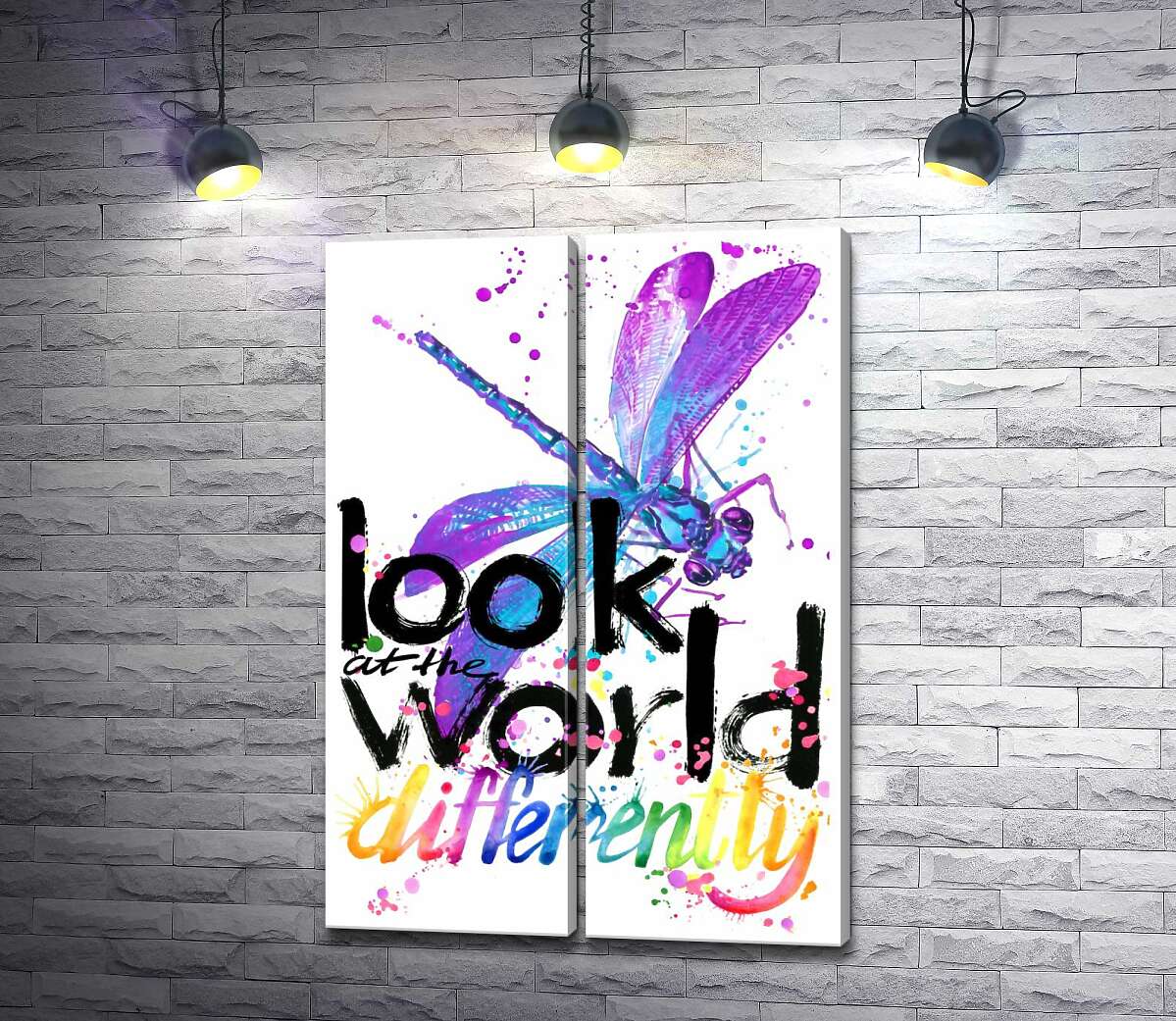 модульна картина Фіолетова комаха бабка над написом "look at the world differently"