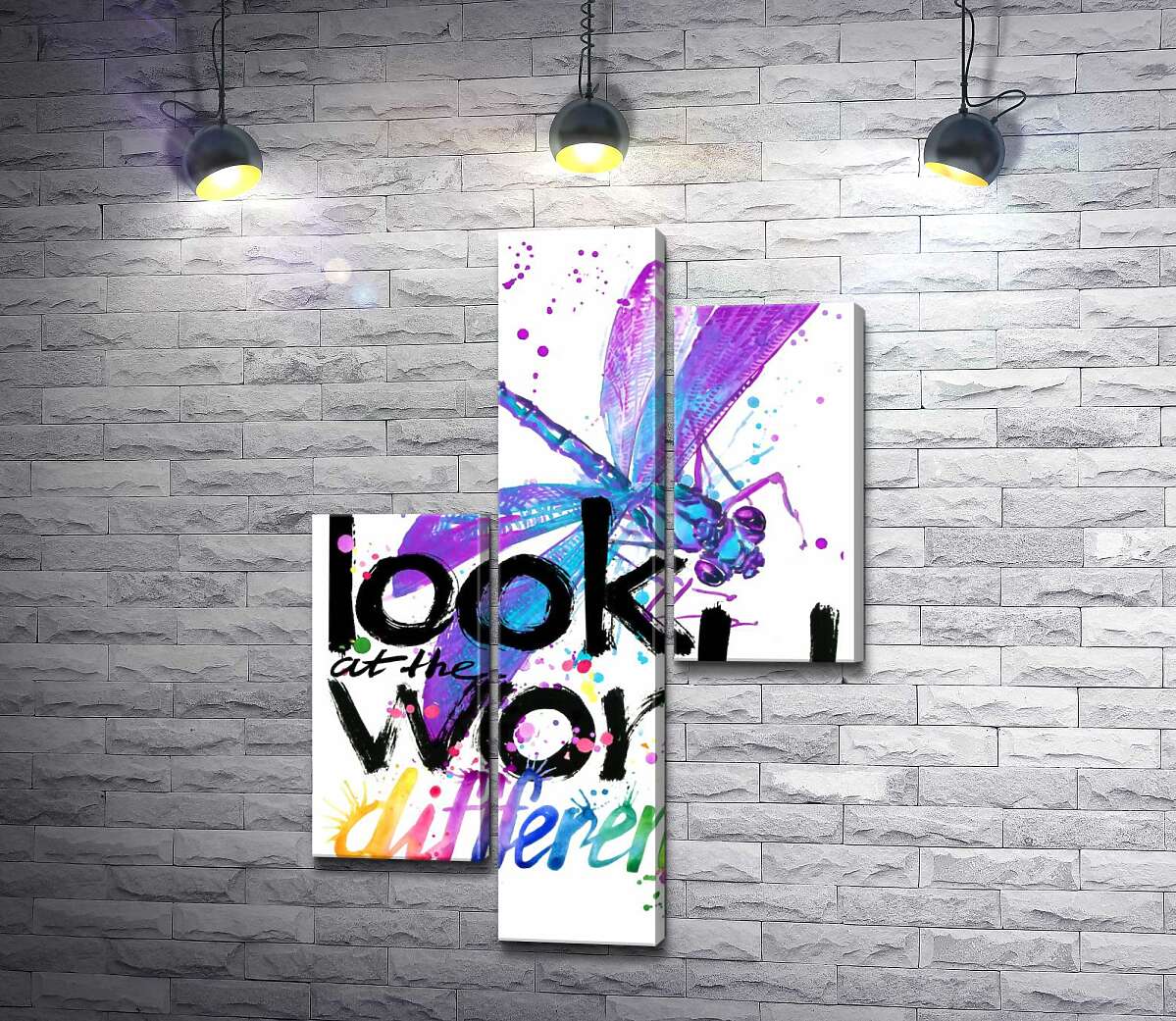 модульна картина Фіолетова комаха бабка над написом "look at the world differently" (Модуль №12)