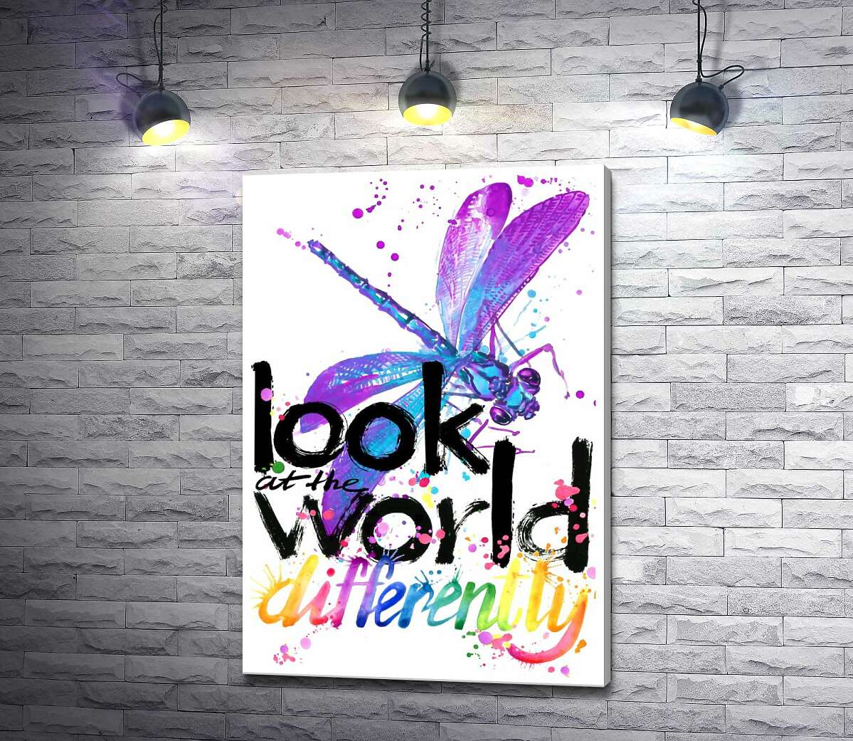 картина Фіолетова комаха бабка над написом "look at the world differently"