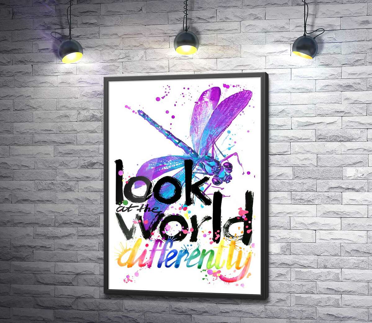 постер Фиолетовое насекомое стрекоза над надписью "look at the world differently"