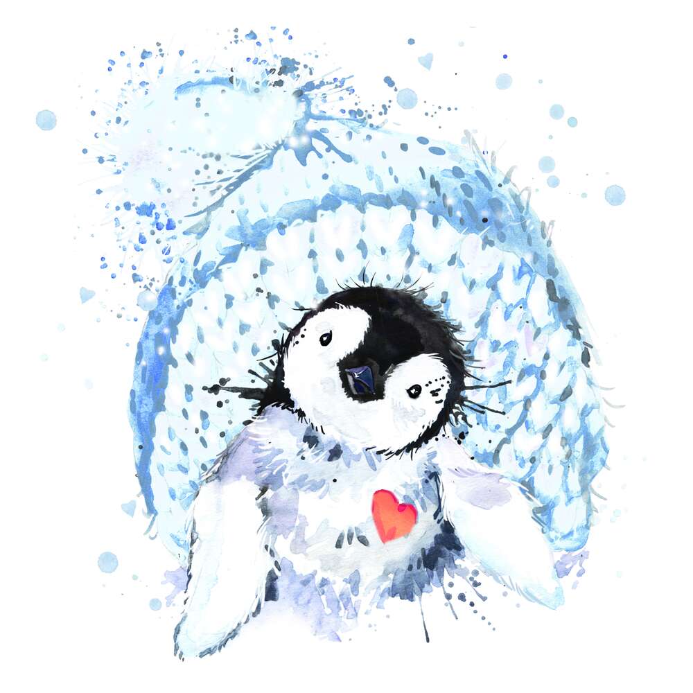 картина-постер Пингвин с красным сердцем на фоне голубой шапки